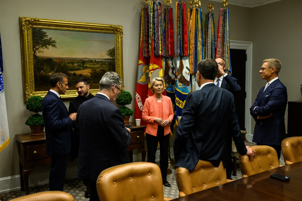 President Emmanuel Macron, Ukrainian President Volodymyr Zelenskyy, European Commission President Ursula von der Leyen, German Chancellor Friedrich Merz, Finnish President Alexander Stubb, Secretary General Mark Rutte of NATO, and U.K. Prime Minister Keir Starmer wait in the Roosevelt Room as President Donald Trump makes a call with Russian President Vladimir Putin in the Oval Office, Monday, August 18, 2025. (Official White House Photo by Daniel Torok)