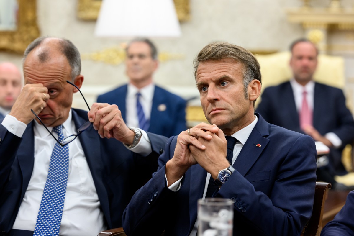 German Chancellor Friedrich Merz, French President Emmanuel Macron, and other European leaders meet with President Donald Trump after his call with Russian President Vladimir Putin, Monday, August 18, 2025, in the Oval Office. (Official White House Photo by Daniel Torok)