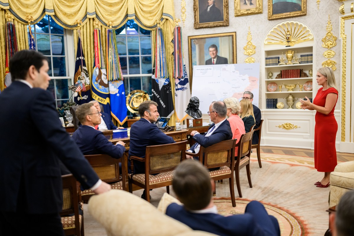 Press Secretary Karoline Leavitt speaks to European leaders during a meeting with President Donald Trump following his call with Russian President Vladimir Putin, Monday, August 18, 2025, in the Oval Office. (Official White House Photo by Daniel Torok)
