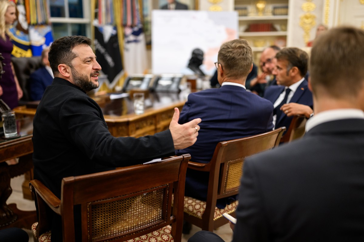 Ukrainian President Volodymyr Zelenskyy speaks during a meeting with European leaders and President Donald Trump following his call with Russian President Vladimir Putin, Monday, August 18, 2025, in the Oval Office. (Official White House Photo by Daniel Torok)