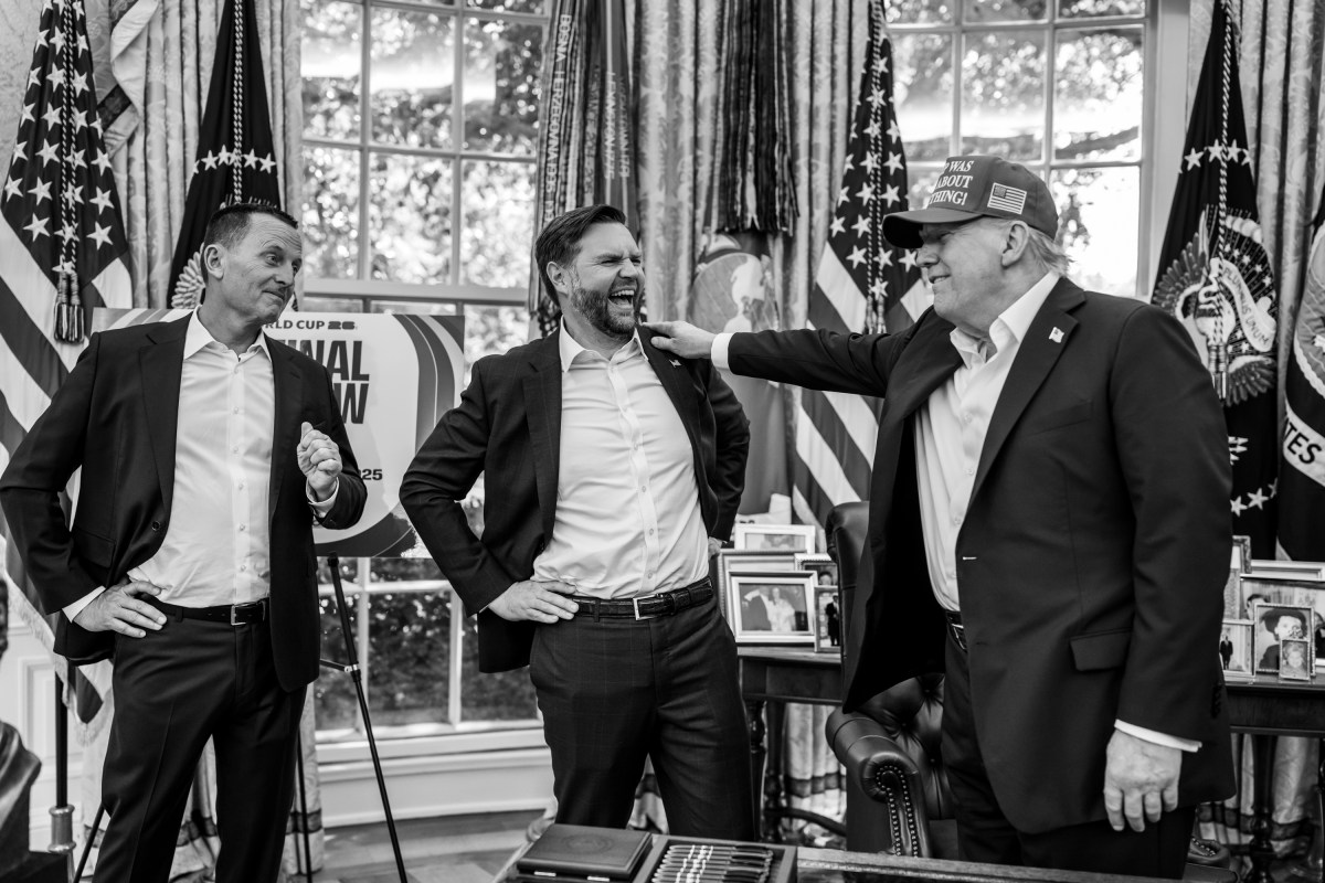 President Donald Trump, flanked by Vice President JD Vance and FIFA President Gianni Infantino, announces that the FIFA World Cup 2025 draw will take place on December 5 at the Kennedy Center, Friday, August 22, 2025 (Official White House Photo by Daniel Torok)