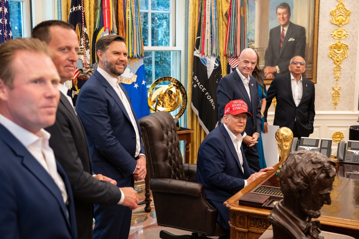 President Donald Trump, flanked by Vice President JD Vance and FIFA President Gianni Infantino, announces that the FIFA World Cup draw will take place on December 5 at the Kennedy Center, Friday, August 22, 2025. (Official White House Photo by Joyce N. Boghosian)
