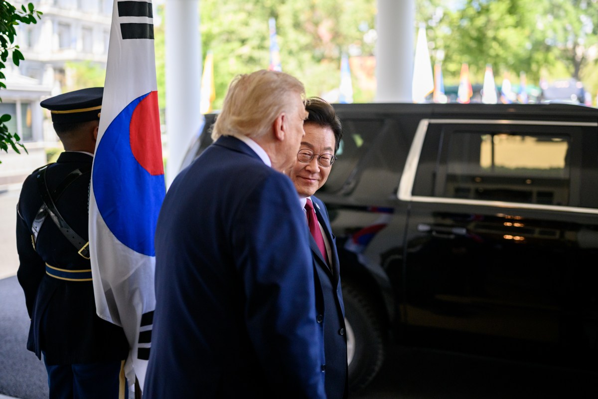 President Donald Trump greets President Lee Jae-myung of the Republic of Korea, Monday, August 25, 2025, at the West Wing entrance of the White House.(Official White House Photo by Daniel Torok)