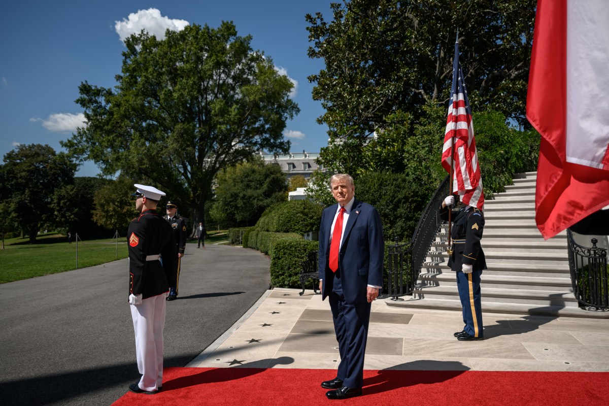 President Donald Trump greets Polish President Karol Nawrocki, Wednesday, September 3, 2025, on the South Portico of the White House. (Official White House Photo by Molly Riley)