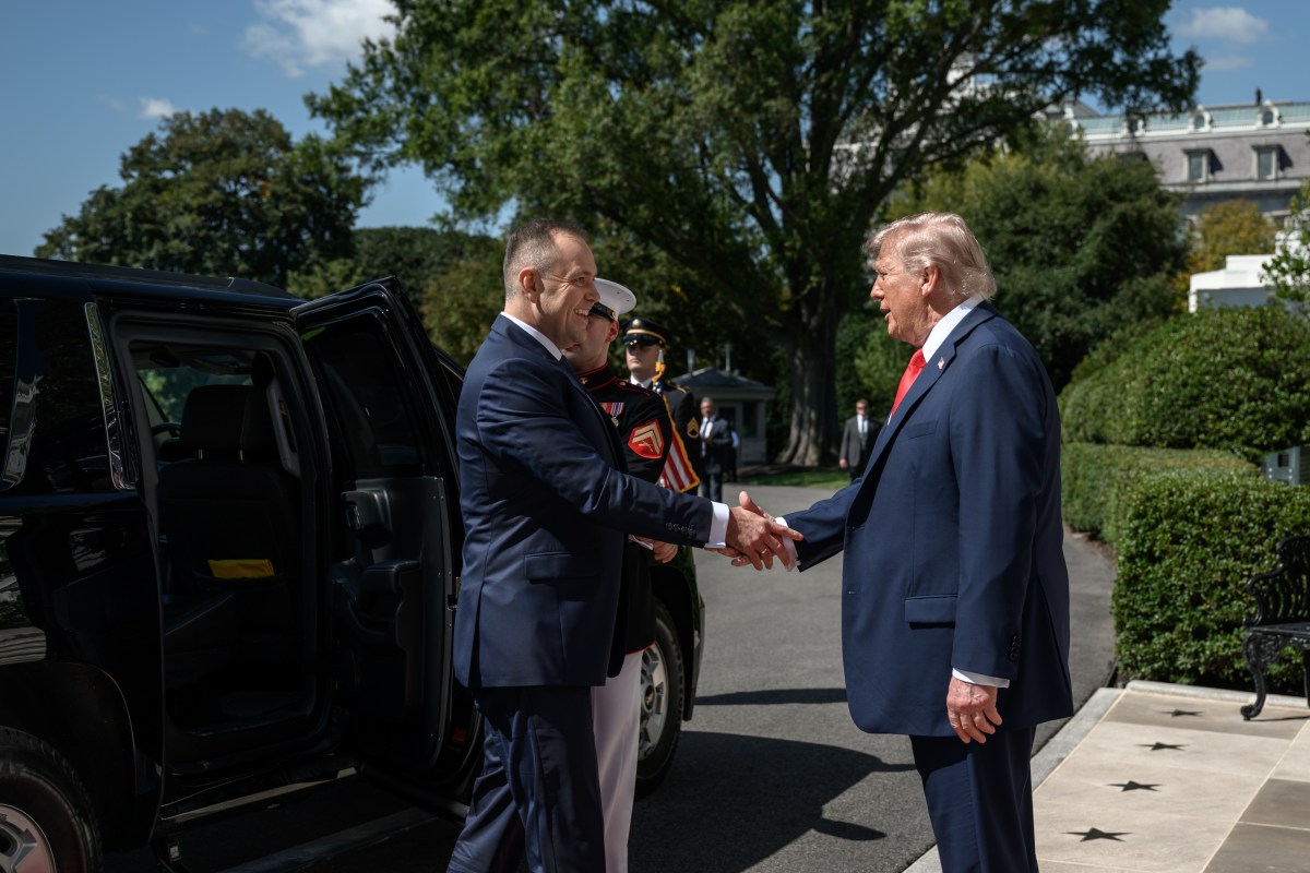 President Donald Trump greets Polish President Karol Nawrocki, Wednesday, September 3, 2025, on the South Portico of the White House. (Official White House Photo by Molly Riley)