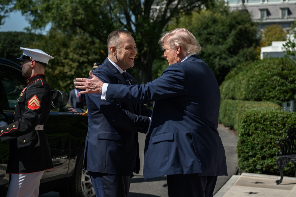 President Donald Trump greets Polish President Karol Nawrocki, Wednesday, September 3, 2025, on the South Portico of the White House. (Official White House Photo by Molly Riley)