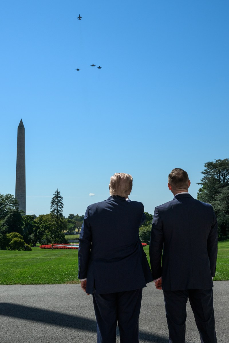 Military aircraft perform a flyover of the White House as President Donald Trump greets Polish President Karol Nawrocki, Wednesday, September 3, 2025, on the South Portico. (Official White House Photo by Molly Riley)