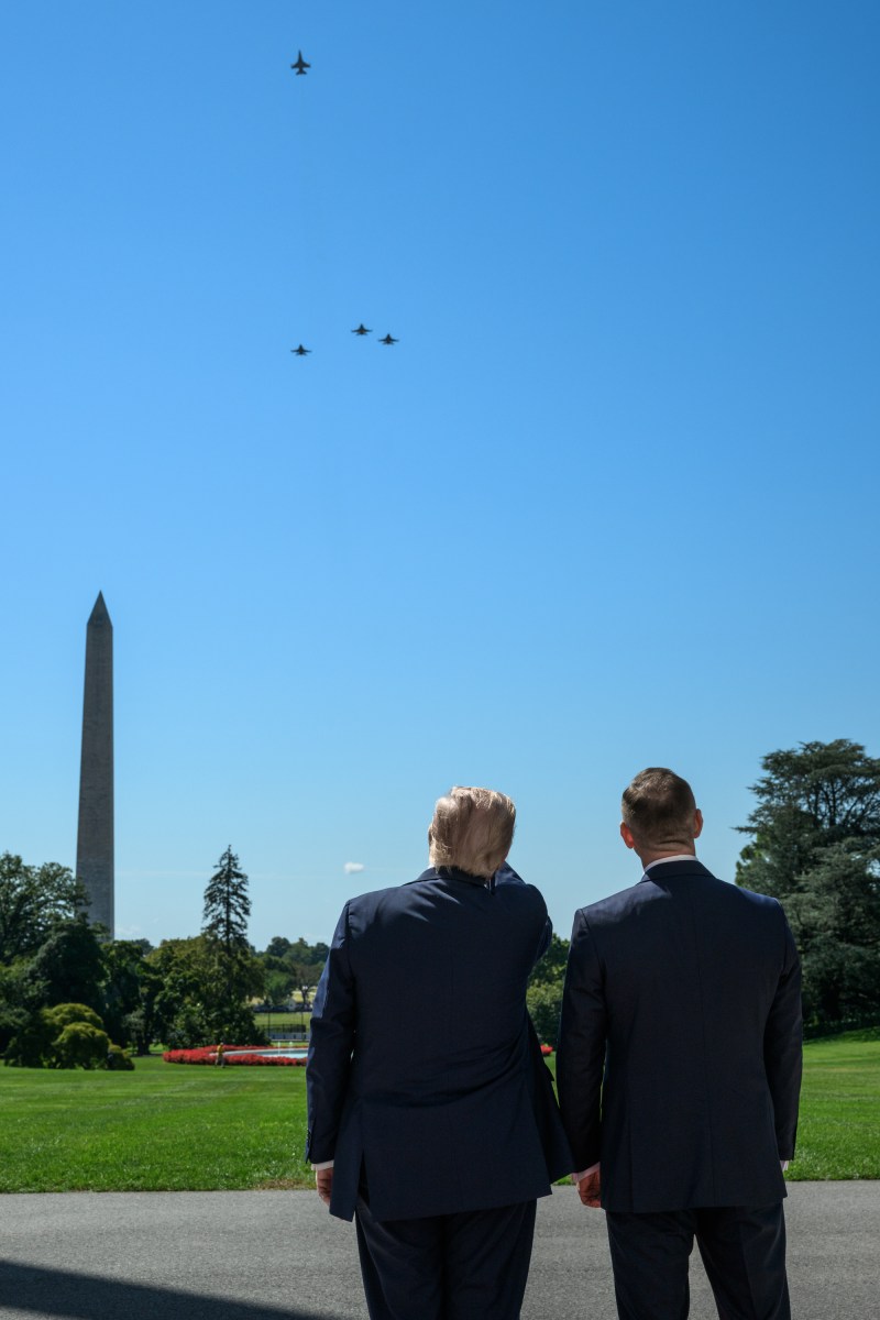 Military aircraft perform a flyover of the White House as President Donald Trump greets Polish President Karol Nawrocki, Wednesday, September 3, 2025, on the South Portico. (Official White House Photo by Molly Riley)