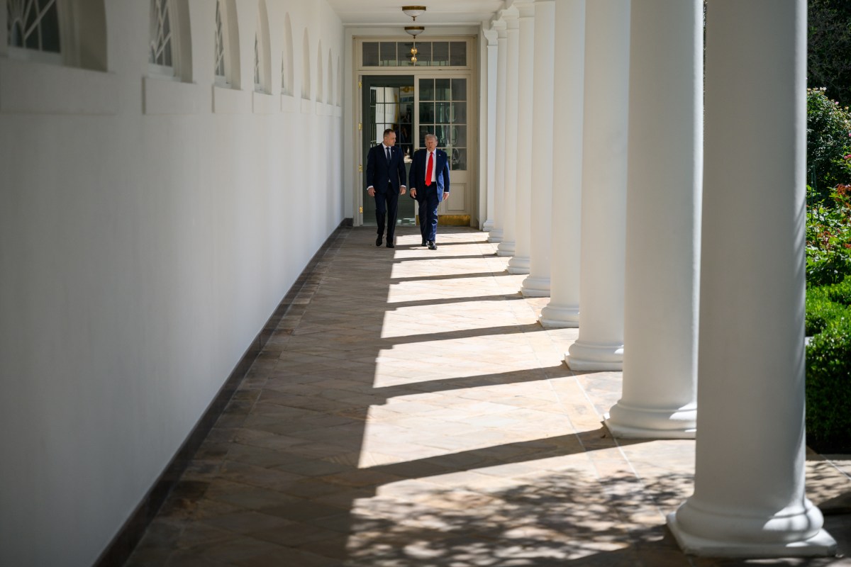 President Donald Trump and Polish President Karol Nawrocki walk along the West Colonnade to the Oval Office for a bilateral meeting, Wednesday, September 3, 2025. (Official White House Photo by Molly Riley)