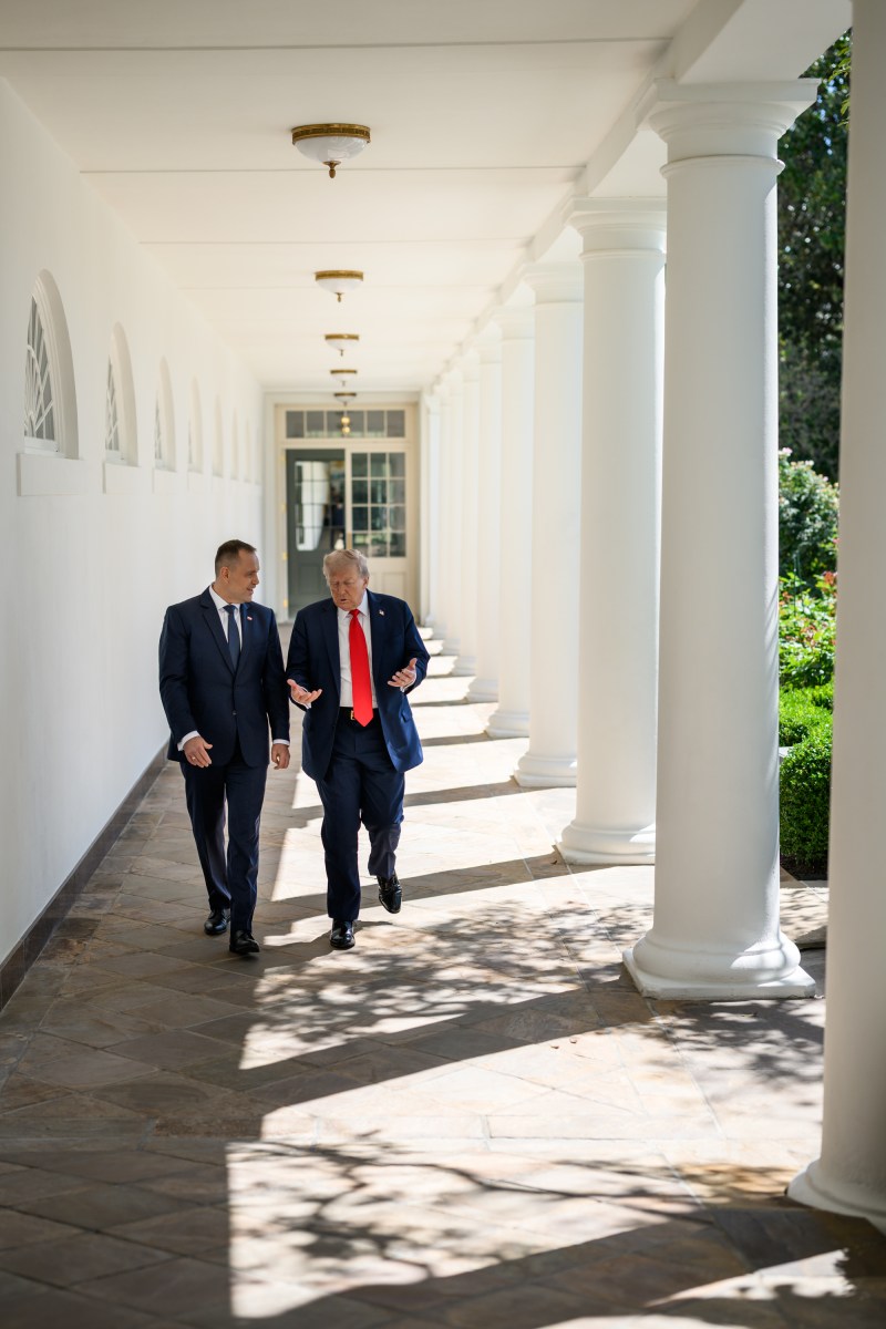 President Donald Trump and Polish President Karol Nawrocki walk along the West Colonnade to the Oval Office for a bilateral meeting, Wednesday, September 3, 2025. (Official White House Photo by Molly Riley)