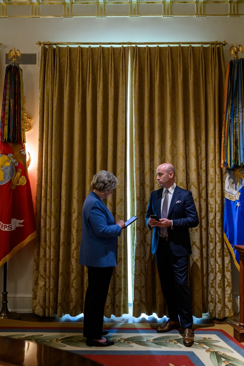 Chief of Staff Susie Wiles and Deputy Chief of Staff Stephen Miller talk before President Donald Trump’s bilateral lunch with Polish President Karol Nawrocki, Wednesday, September 3, 2025, in the Cabinet Room. (Official White House Photo by Molly Riley)