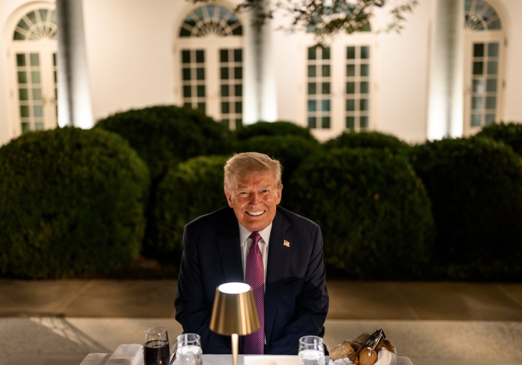 President Donald Trump hosts a dinner in the newly renovated White House Rose Garden, Friday, September 5, 2025. (Official White House Photo by Daniel Torok)