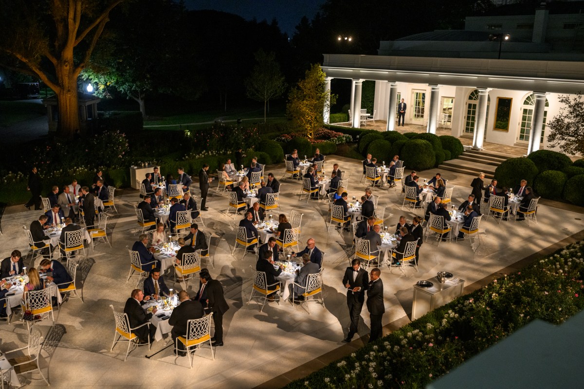 President Donald Trump hosts a dinner in the newly renovated White House Rose Garden, Friday, September 5, 2025. (Official White House Photo by Daniel Torok)