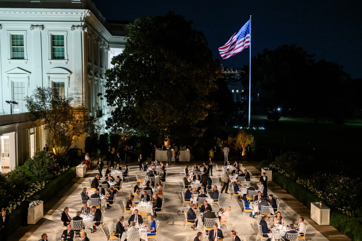 President Donald Trump hosts a dinner in the newly renovated White House Rose Garden, Friday, September 5, 2025. (Official White House Photo by Daniel Torok)