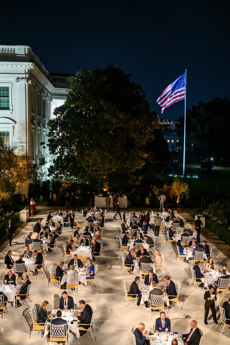 President Donald Trump hosts a dinner in the newly renovated White House Rose Garden, Friday, September 5, 2025. (Official White House Photo by Daniel Torok)