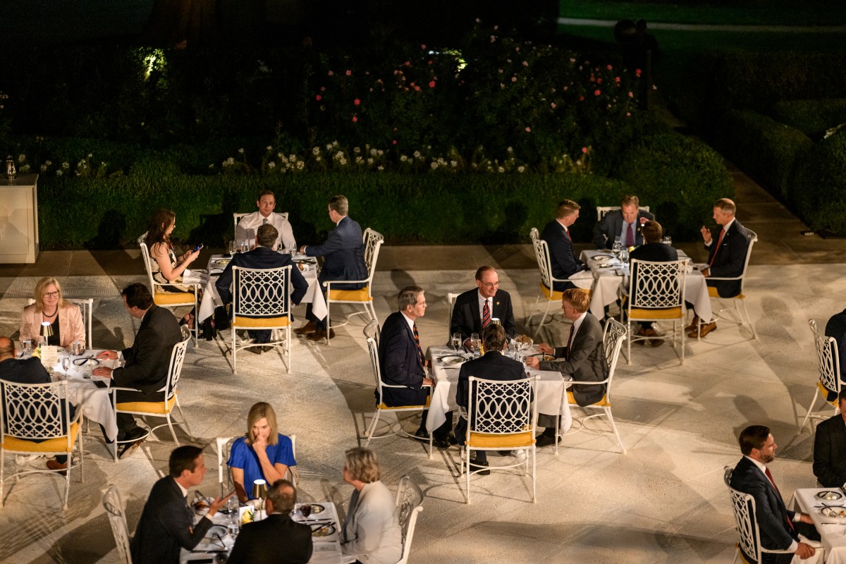 President Donald Trump hosts a dinner in the newly renovated White House Rose Garden, Friday, September 5, 2025. (Official White House Photo by Daniel Torok)