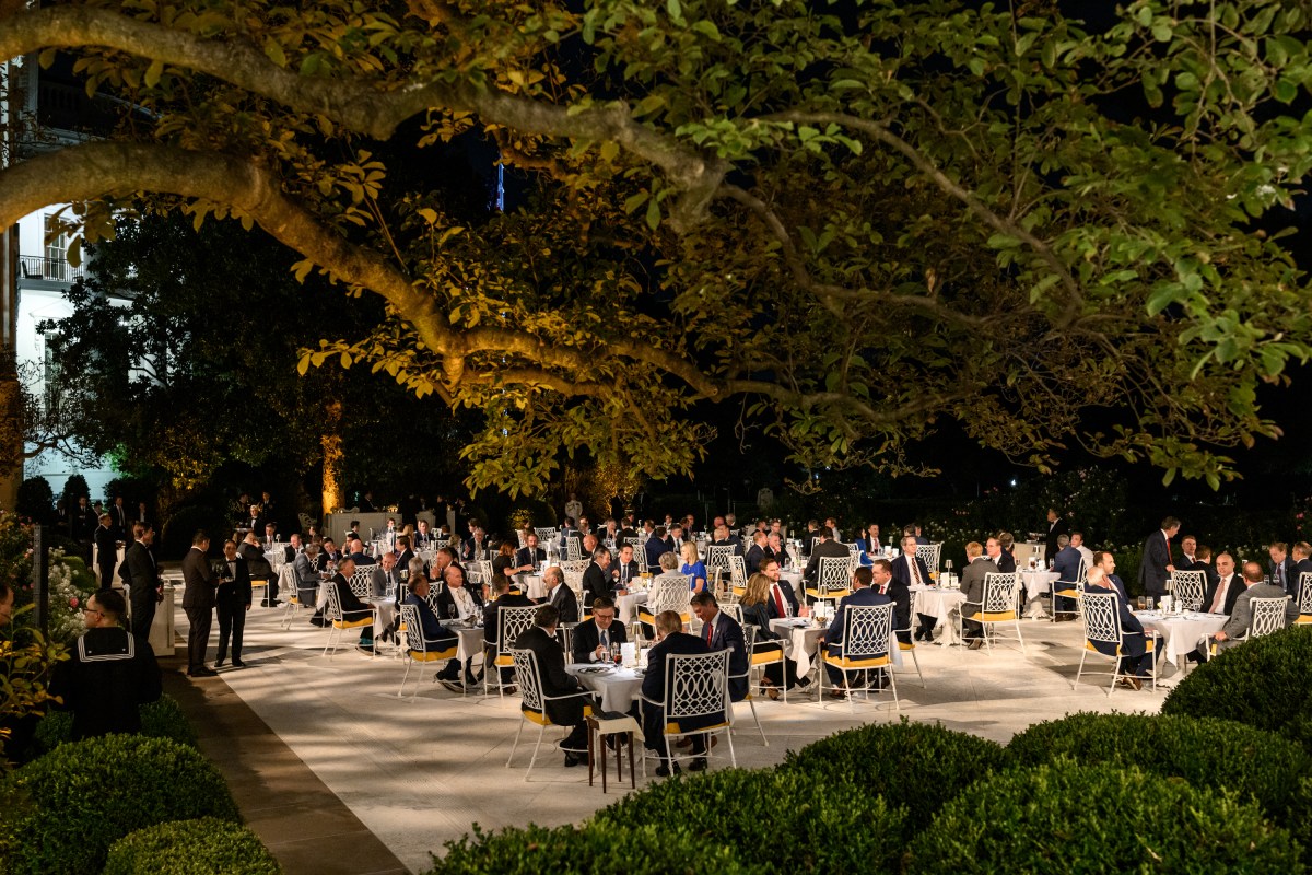 President Donald Trump hosts a dinner in the newly renovated White House Rose Garden, Friday, September 5, 2025. (Official White House Photo by Daniel Torok)