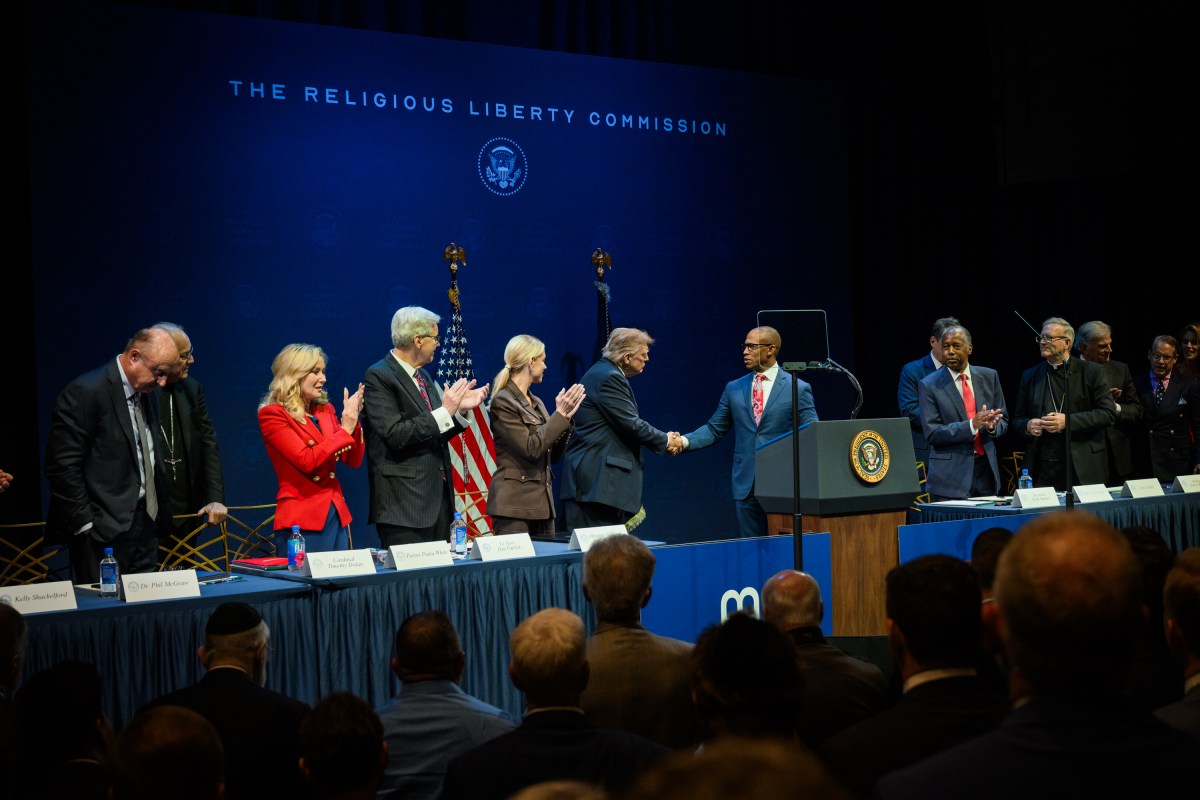 President Donald Trump looks on as Secretary of Housing and Urban Development Scott Turner delivers remarks and leads a prayer to the White House Religious Liberty Commission, Monday, September 8, 2025, at the Museum of the Bible in Washington, D.C. (Official White House Photo by Molly Riley)