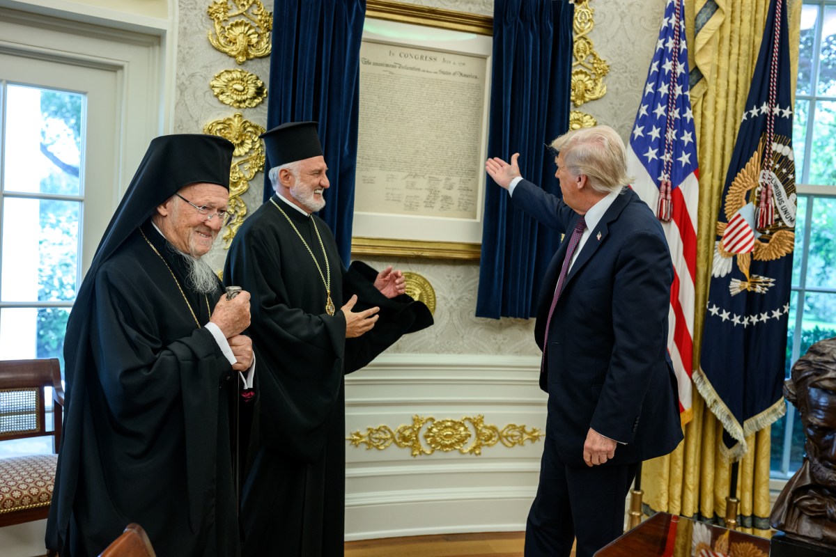 President Donald Trump participates in a bilateral meeting with the Ecumenical Patriarch Bartholomew, Monday, September 15, 2025, in the Oval Office. (Official White House Photo by Daniel Torok)