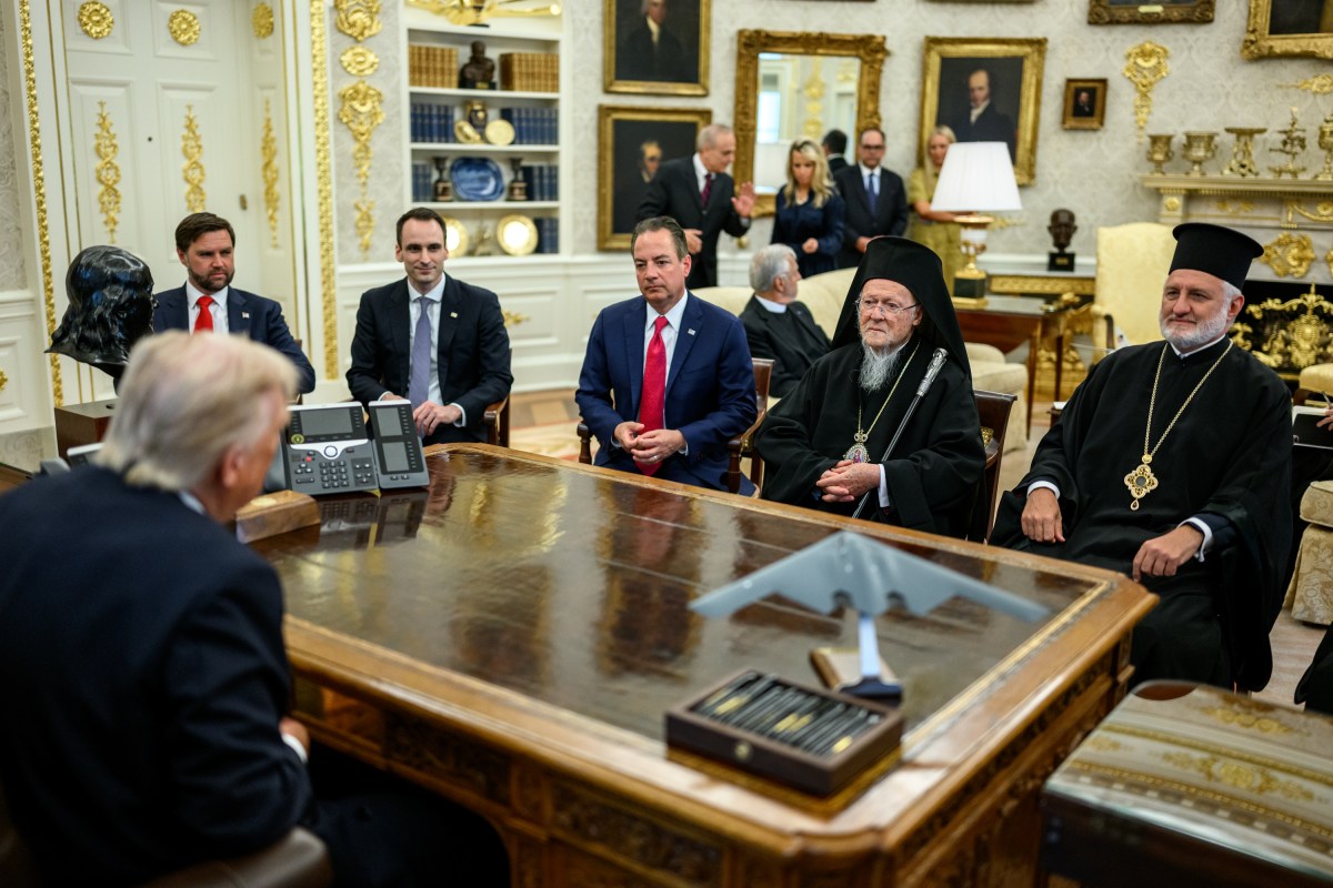 President Donald Trump participates in a bilateral meeting with the Ecumenical Patriarch Bartholomew, Monday, September 15, 2025, in the Oval Office. (Official White House Photo by Daniel Torok)