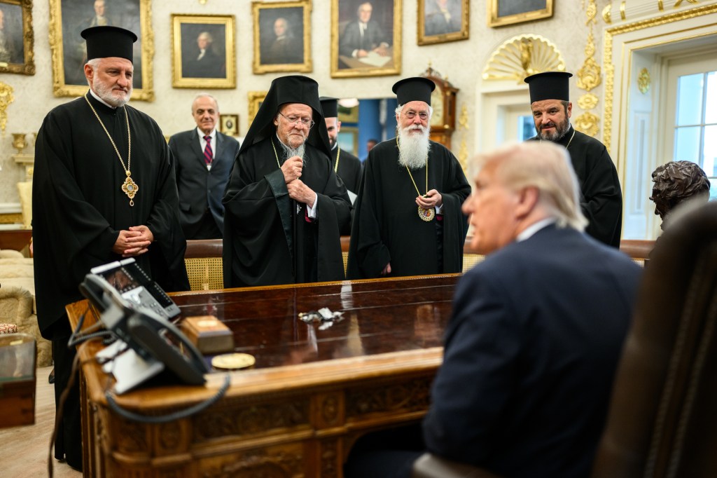 President Donald Trump participates in a bilateral meeting with the Ecumenical Patriarch Bartholomew, Monday, September 15, 2025, in the Oval Office. (Official White House Photo by Daniel Torok)