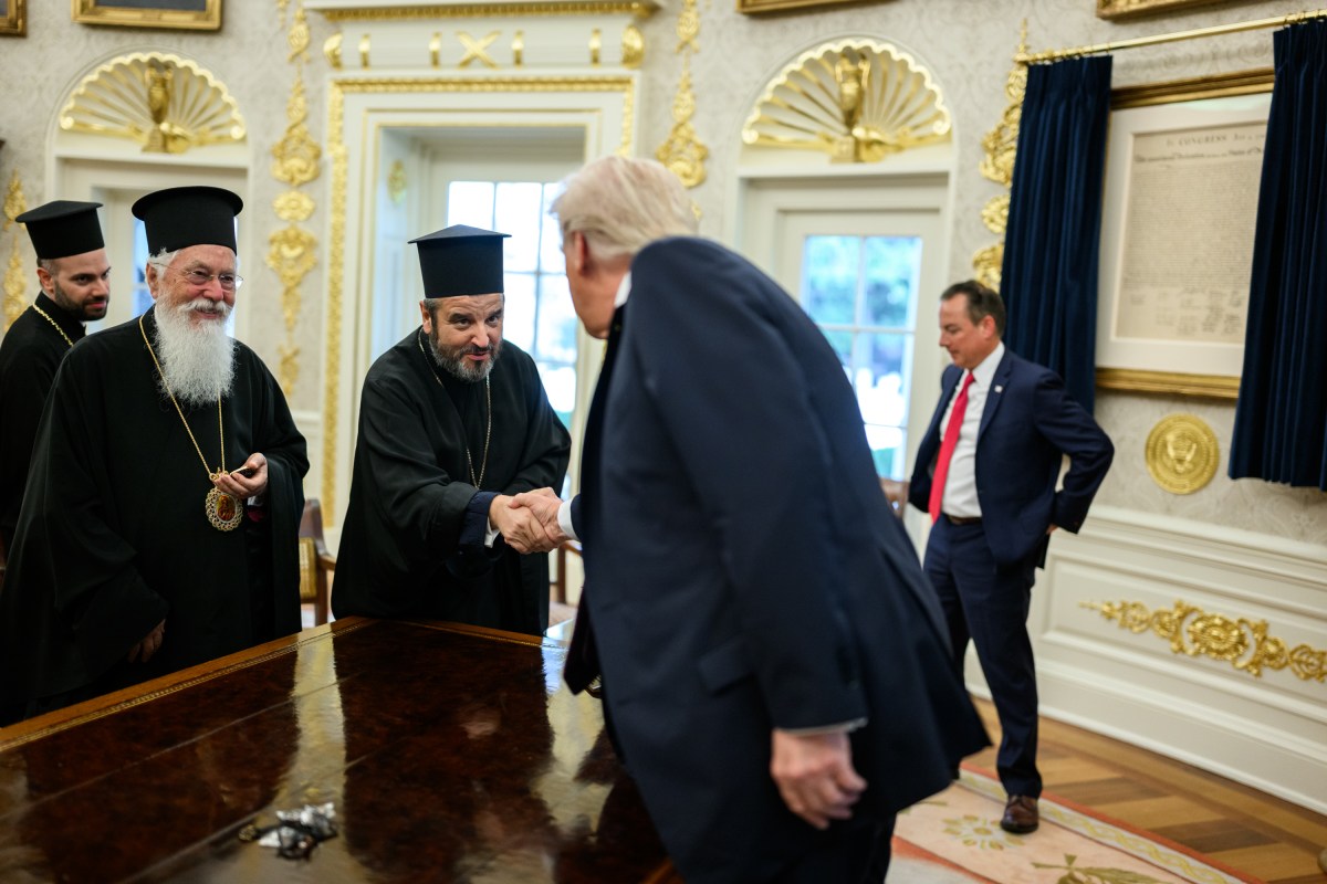 President Donald Trump participates in a bilateral meeting with the Ecumenical Patriarch Bartholomew, Monday, September 15, 2025, in the Oval Office. (Official White House Photo by Daniel Torok)
