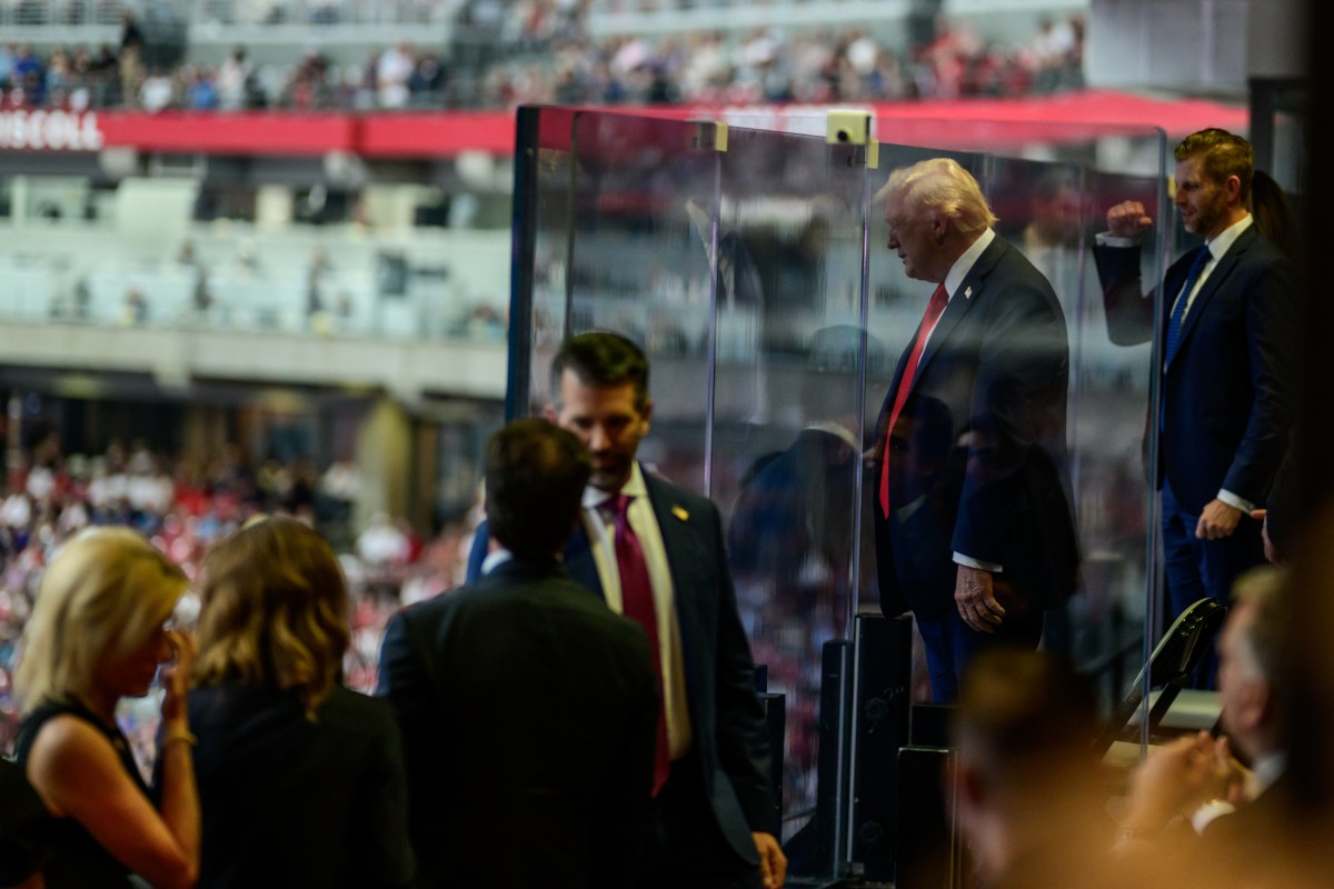 President Donald Trump watches speakers during the Memorial Service for Charlie Kirk at State Farm Stadium in Glendale, Arizona, Sunday, September 21, 2025.(Official White House Photo by Daniel Torok)