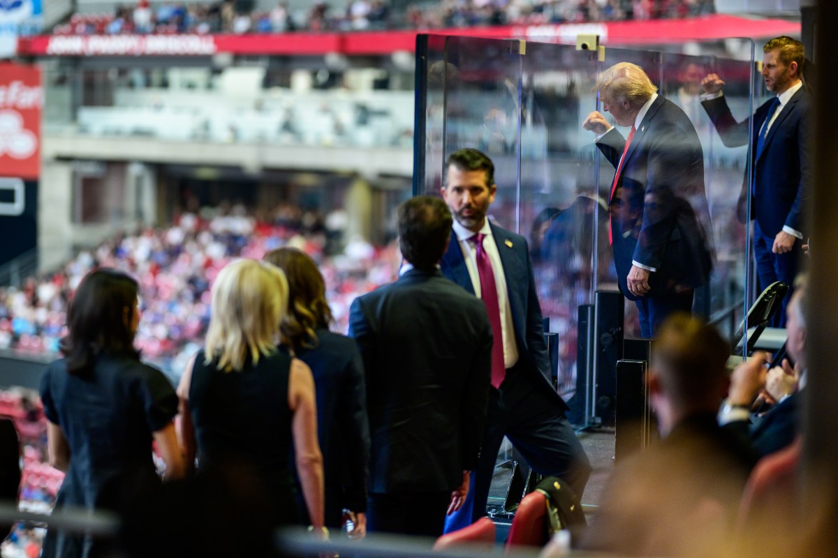 President Donald Trump watches speakers during the Memorial Service for Charlie Kirk at State Farm Stadium in Glendale, Arizona, Sunday, September 21, 2025.(Official White House Photo by Daniel Torok)
