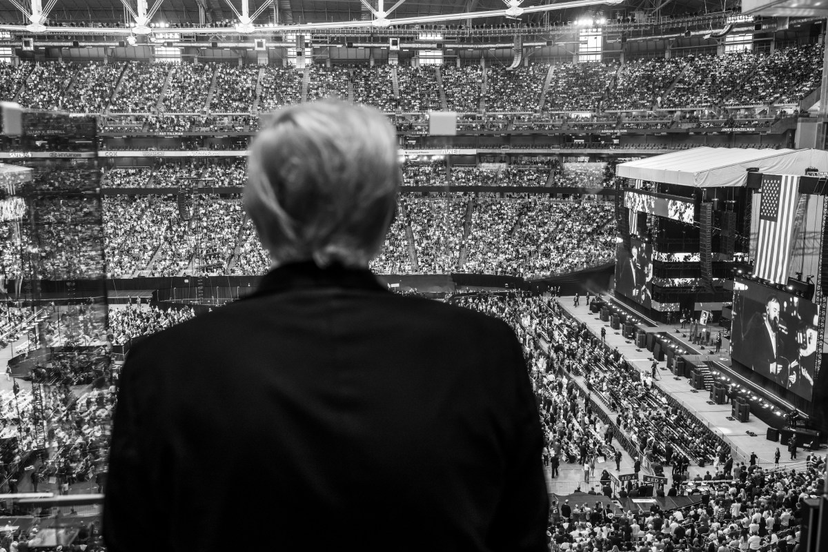 President Donald Trump watches speakers during the Memorial Service for Charlie Kirk at State Farm Stadium in Glendale, Arizona, Sunday, September 21, 2025.(Official White House Photo by Daniel Torok)