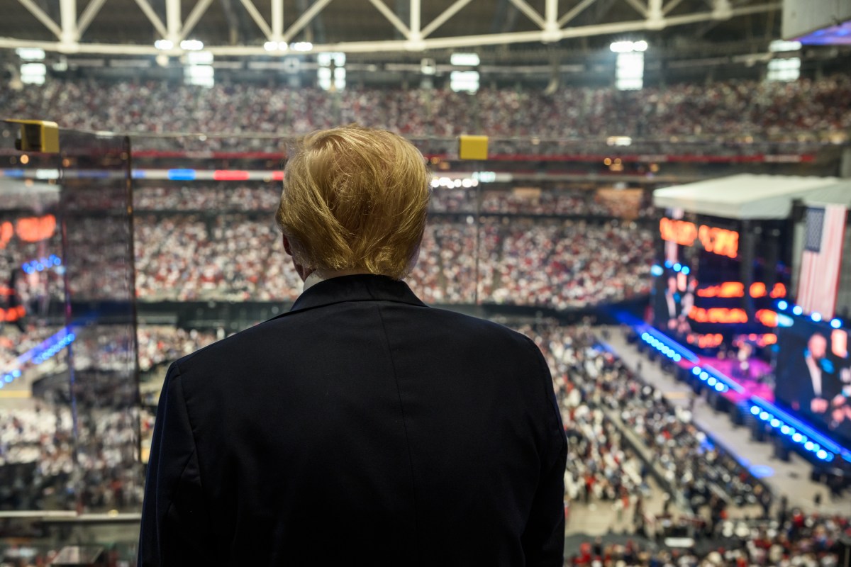 President Donald Trump watches speakers during the Memorial Service for Charlie Kirk at State Farm Stadium in Glendale, Arizona, Sunday, September 21, 2025.(Official White House Photo by Daniel Torok)