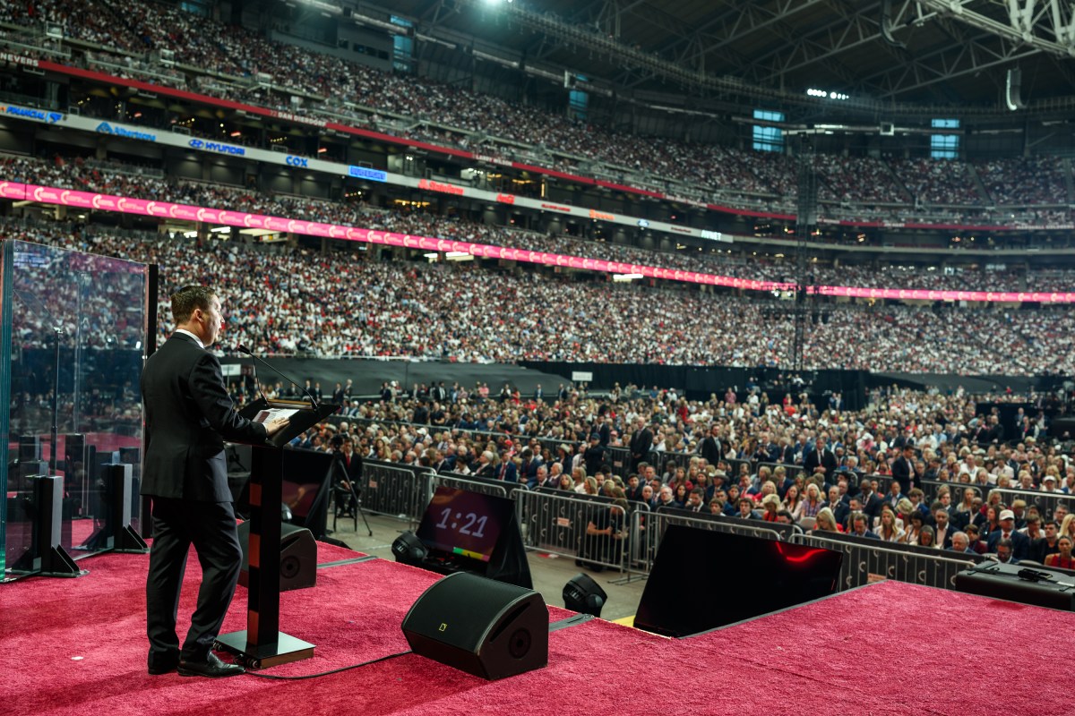White House Director of Presidential Personnel Sergio Gor delivers remarks during the Memorial Service for Charlie Kirk at State Farm Stadium in Glendale, Arizona, Sunday, September 21, 2025.(Official White House Photo by Daniel Torok)