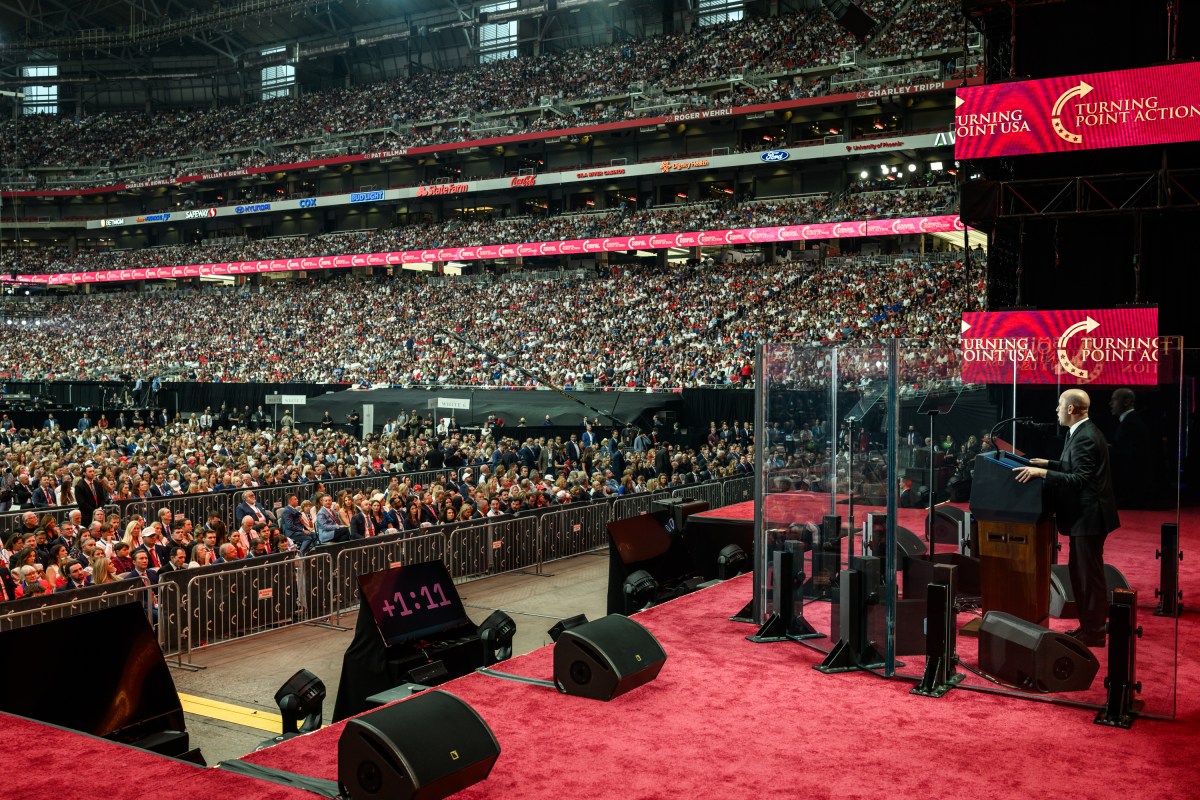 Deputy Chief of Staff Stephen Miller delivers remarks during the Memorial Service for Charlie Kirk at State Farm Stadium in Glendale, Arizona, Sunday, September 21, 2025.(Official White House Photo by Daniel Torok)