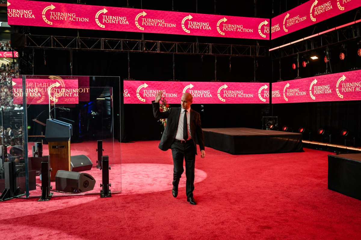 Deputy Chief of Staff Stephen Miller delivers remarks during the Memorial Service for Charlie Kirk at State Farm Stadium in Glendale, Arizona, Sunday, September 21, 2025.(Official White House Photo by Daniel Torok)