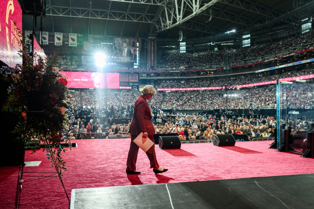 White House Chief of Staff Susie Wiles delivers remarks during the Memorial Service for Charlie Kirk at State Farm Stadium in Glendale, Arizona, Sunday, September 21, 2025.(Official White House Photo by Daniel Torok)