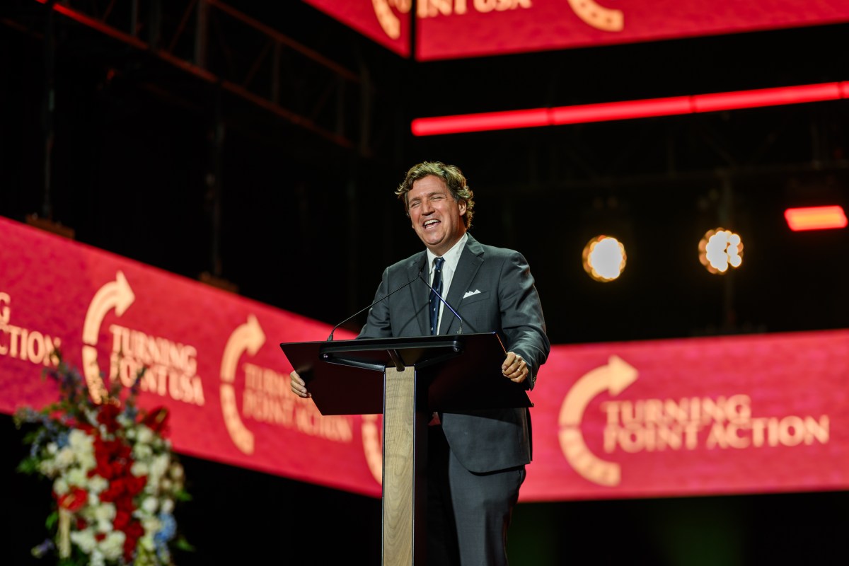 Tucker Carlson delivers remarks during the Memorial Service for Charlie Kirk at State Farm Stadium in Glendale, Arizona, Sunday, September 21, 2025.(Official White House Photo by Daniel Torok)