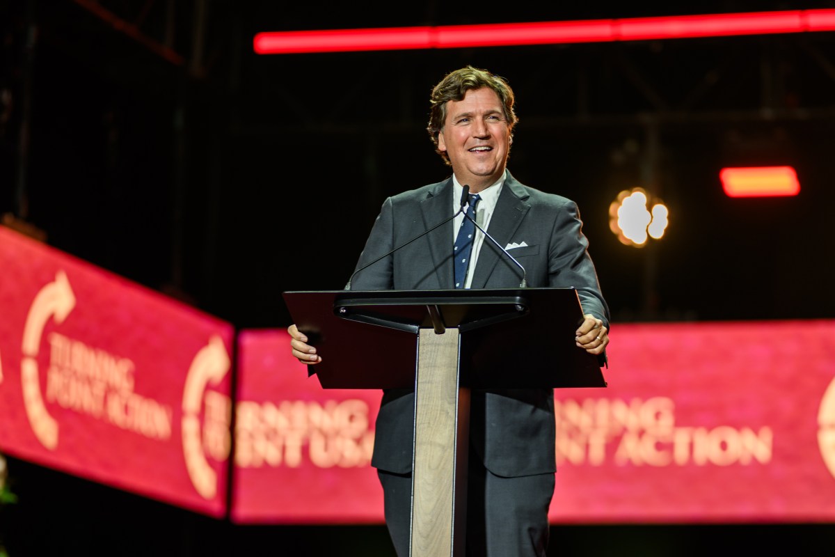 Tucker Carlson delivers remarks during the Memorial Service for Charlie Kirk at State Farm Stadium in Glendale, Arizona, Sunday, September 21, 2025.(Official White House Photo by Daniel Torok)