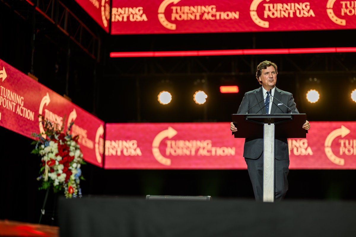 Tucker Carlson delivers remarks during the Memorial Service for Charlie Kirk at State Farm Stadium in Glendale, Arizona, Sunday, September 21, 2025.(Official White House Photo by Daniel Torok)