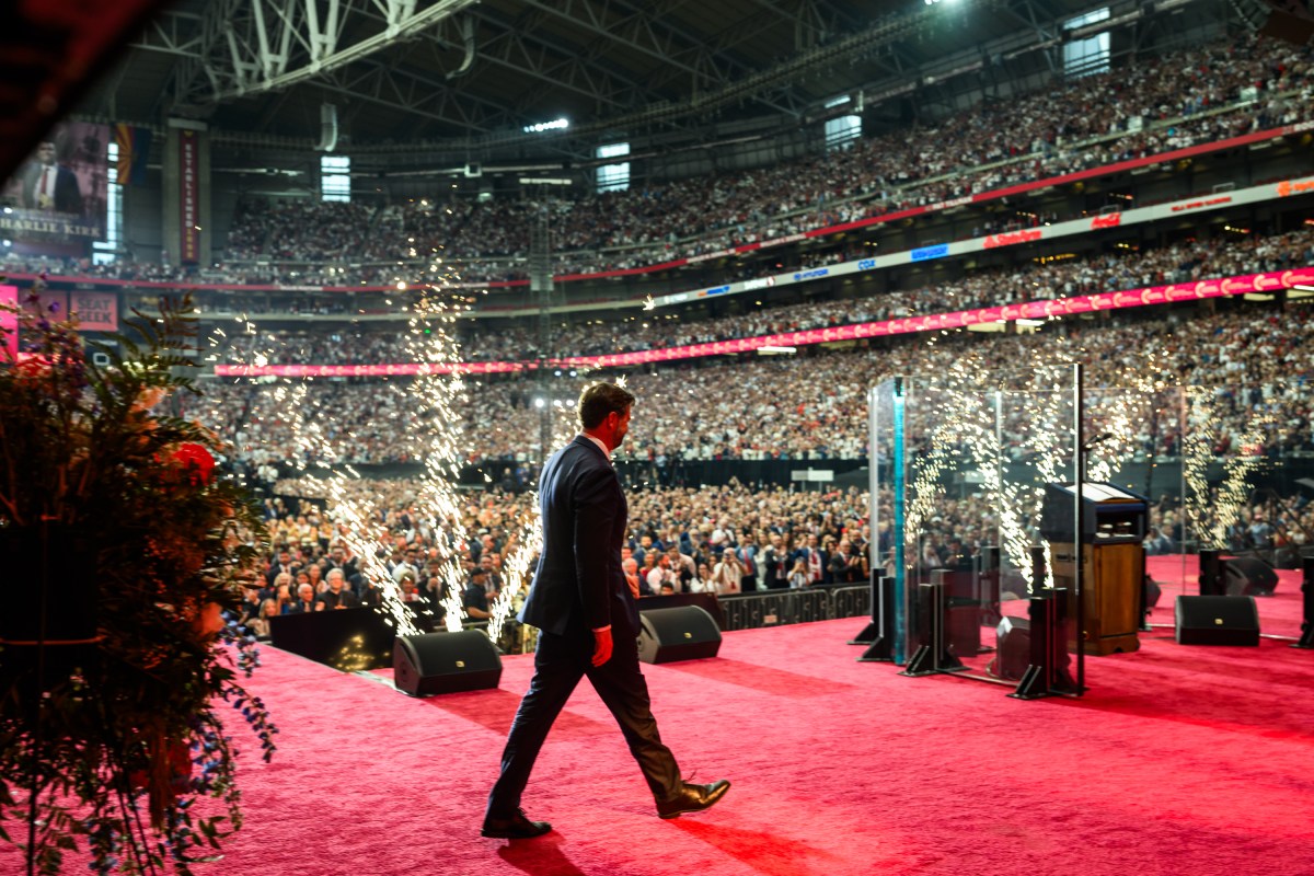 Vice President JD Vance delivers remarks during the Memorial Service for Charlie Kirk at State Farm Stadium in Glendale, Arizona, Sunday, September 21, 2025.(Official White House Photo by Daniel Torok)