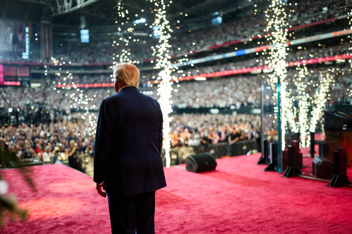 President Donald Trump takes the stage to delivers remarks at the Memorial Service for Charlie Kirk at State Farm Stadium in Glendale, Arizona, Sunday, September 21, 2025. (Official White House Photo by Daniel Torok)