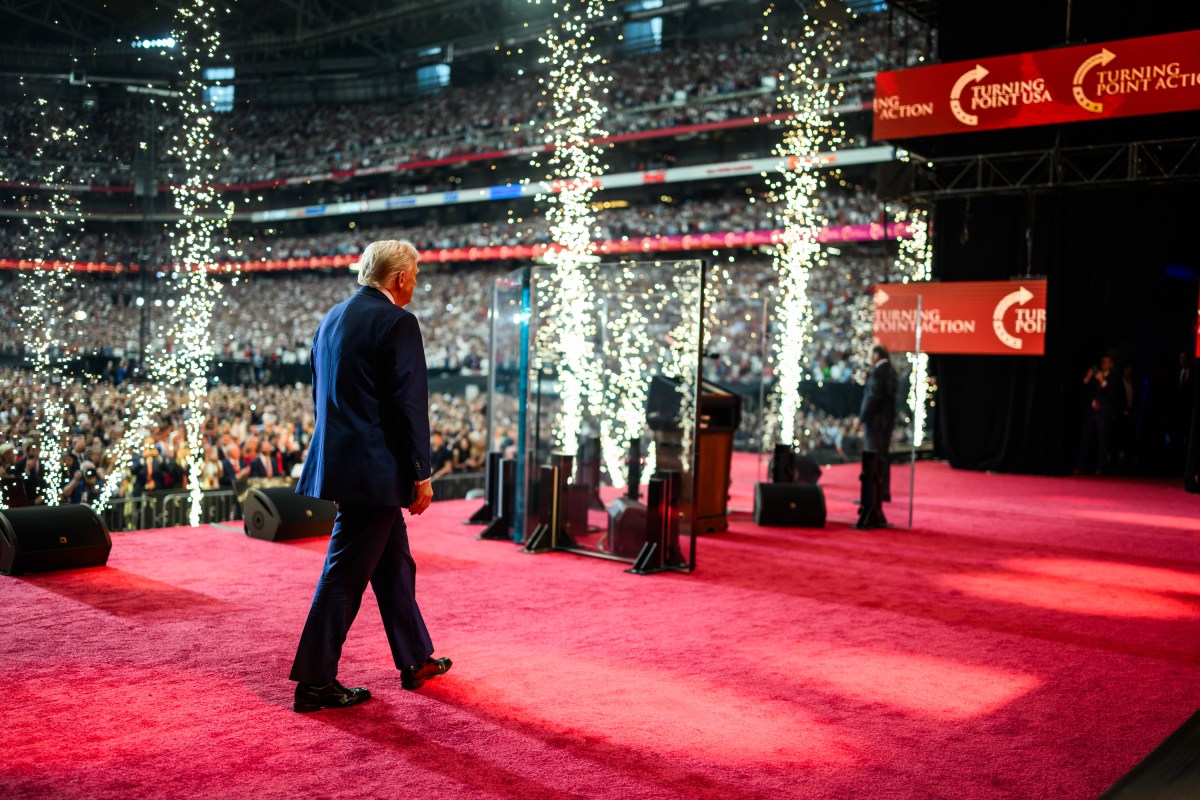 President Donald Trump takes the stage to delivers remarks at the Memorial Service for Charlie Kirk at State Farm Stadium in Glendale, Arizona, Sunday, September 21, 2025. (Official White House Photo by Daniel Torok)