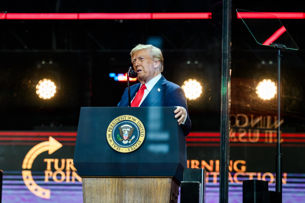 President Donald Trump takes the stage to delivers remarks at the Memorial Service for Charlie Kirk at State Farm Stadium in Glendale, Arizona, Sunday, September 21, 2025. (Official White House Photo by Daniel Torok)
