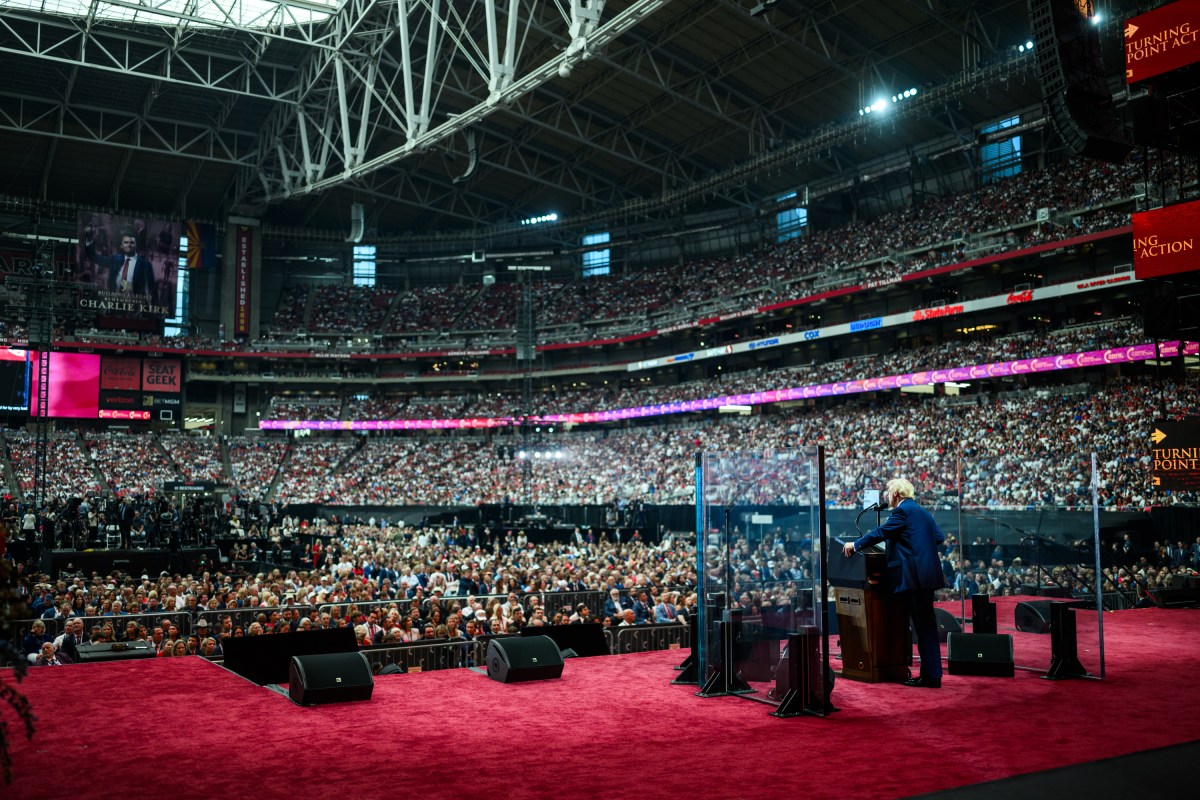 President Donald Trump takes the stage to delivers remarks at the Memorial Service for Charlie Kirk at State Farm Stadium in Glendale, Arizona, Sunday, September 21, 2025. (Official White House Photo by Daniel Torok)