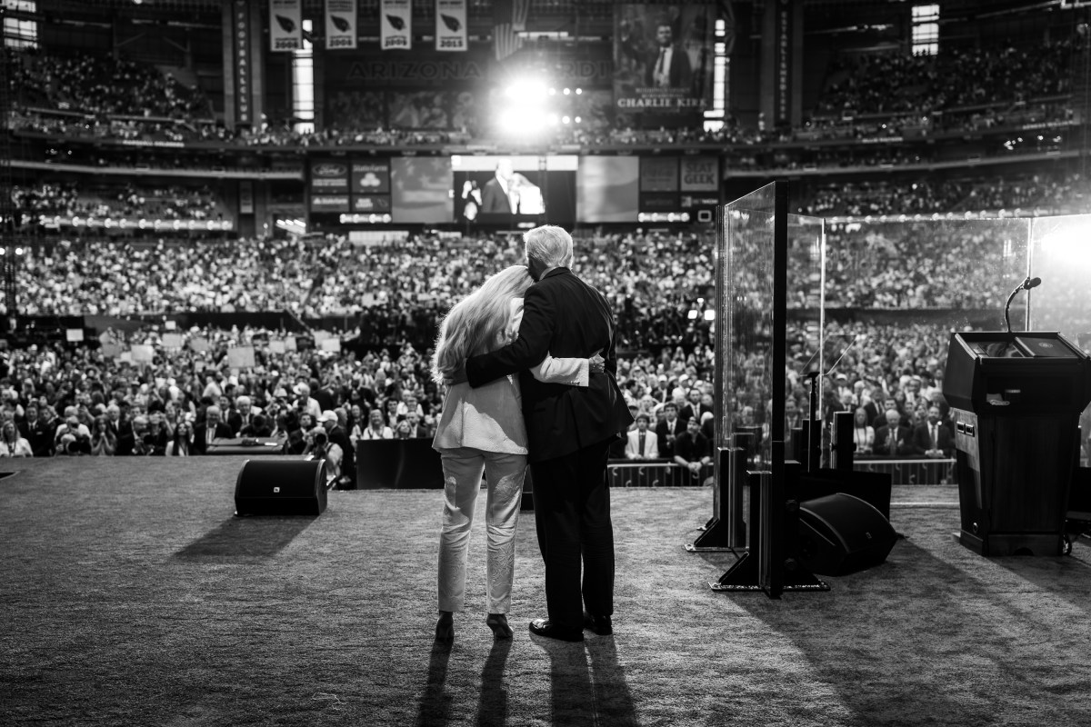 President Donald Trump takes the stage with Erika Kirk at the Memorial Service for Charlie Kirk at State Farm Stadium in Glendale, Arizona, Sunday, September 21, 2025. (Official White House Photo by Daniel Torok)