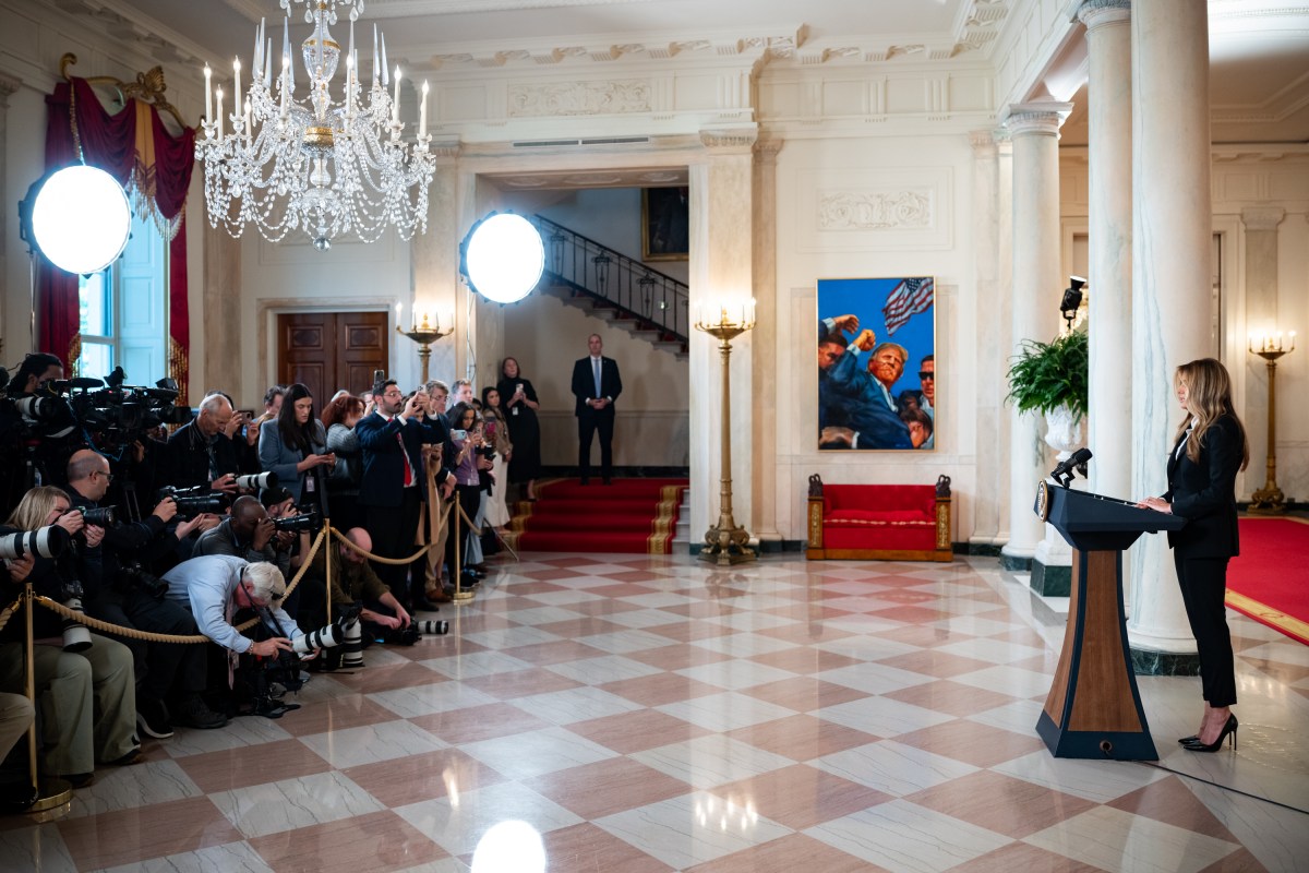 First Lady Melania Trump makes an announcement concerning the reunification of Ukrainian Children with their families in the Russian Ukraine conflict in the Grand Foyer of the White House, Friday October 10, 2025. (Official White House Photo by Andrea Hanks)