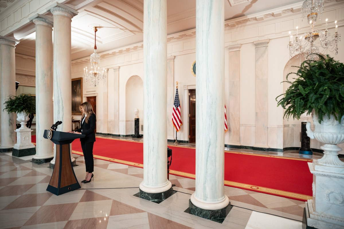 First Lady Melania Trump makes an announcement concerning the reunification of Ukrainian Children with their families in the Russian Ukraine conflict in the Grand Foyer of the White House, Friday October 10, 2025. (Official White House Photo by Andrea Hanks)