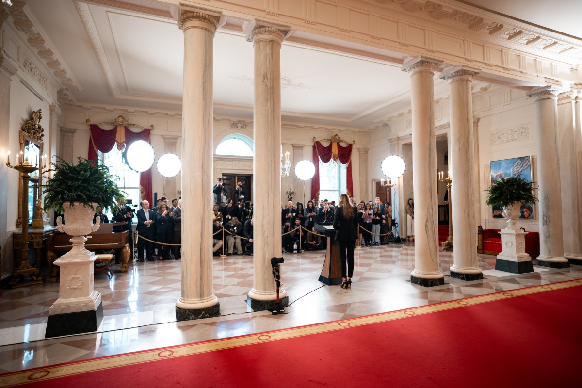 First Lady Melania Trump makes an announcement concerning the reunification of Ukrainian Children with their families in the Russian Ukraine conflict in the Grand Foyer of the White House, Friday October 10, 2025. (Official White House Photo by Andrea Hanks)