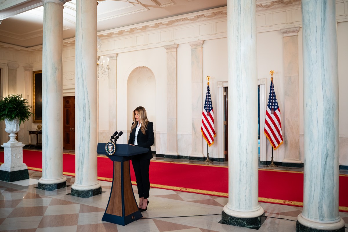 First Lady Melania Trump makes an announcement concerning the reunification of Ukrainian Children with their families in the Russian Ukraine conflict in the Grand Foyer of the White House, Friday October 10, 2025. (Official White House Photo by Andrea Hanks)