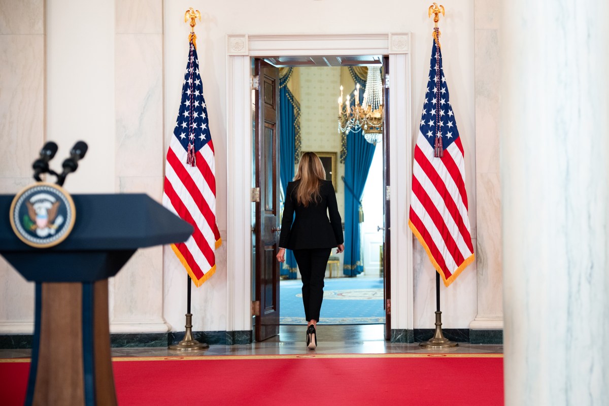 First Lady Melania Trump makes an announcement concerning the reunification of Ukrainian Children with their families in the Russian Ukraine conflict in the Grand Foyer of the White House, Friday October 10, 2025. (Official White House Photo by Andrea Hanks)