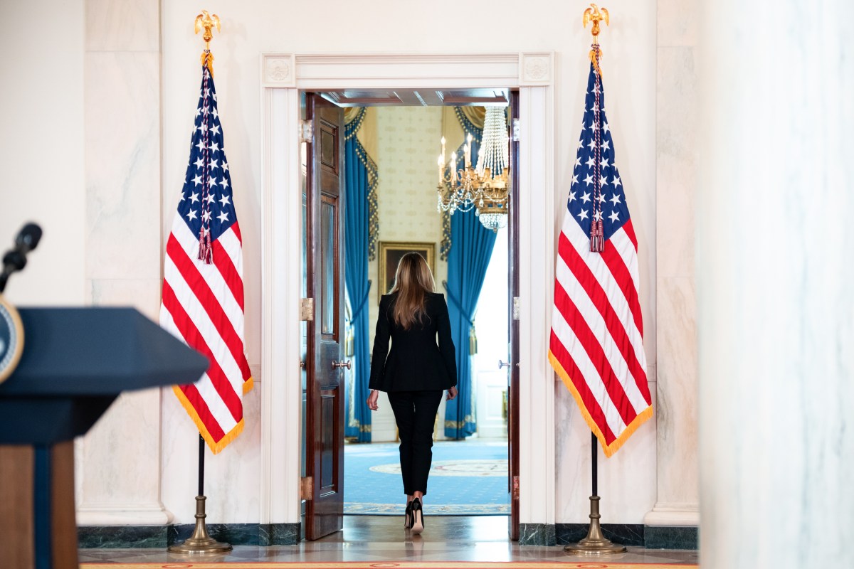 First Lady Melania Trump makes an announcement concerning the reunification of Ukrainian Children with their families in the Russian Ukraine conflict in the Grand Foyer of the White House, Friday October 10, 2025. (Official White House Photo by Andrea Hanks)