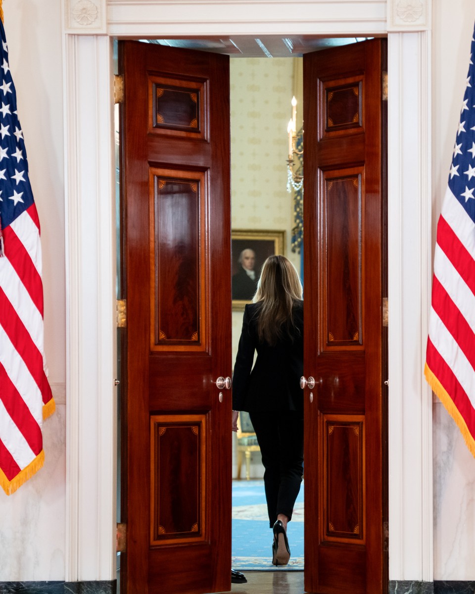 First Lady Melania Trump makes an announcement concerning the reunification of Ukrainian Children with their families in the Russian Ukraine conflict in the Grand Foyer of the White House, Friday October 10, 2025. (Official White House Photo by Andrea Hanks)